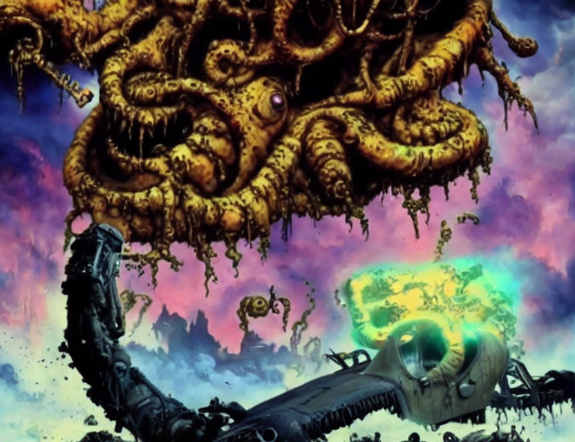 Surreal image: Giant tentacled creature in futuristic alien landscape