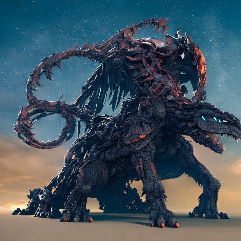 Large fantasy creature with dark armor and sharp spikes under dramatic sky