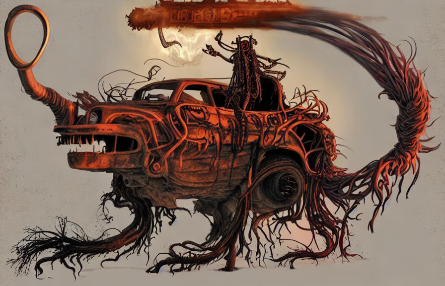 Fantasy illustration of monstrous vehicle with tentacles and dark figure in murky background