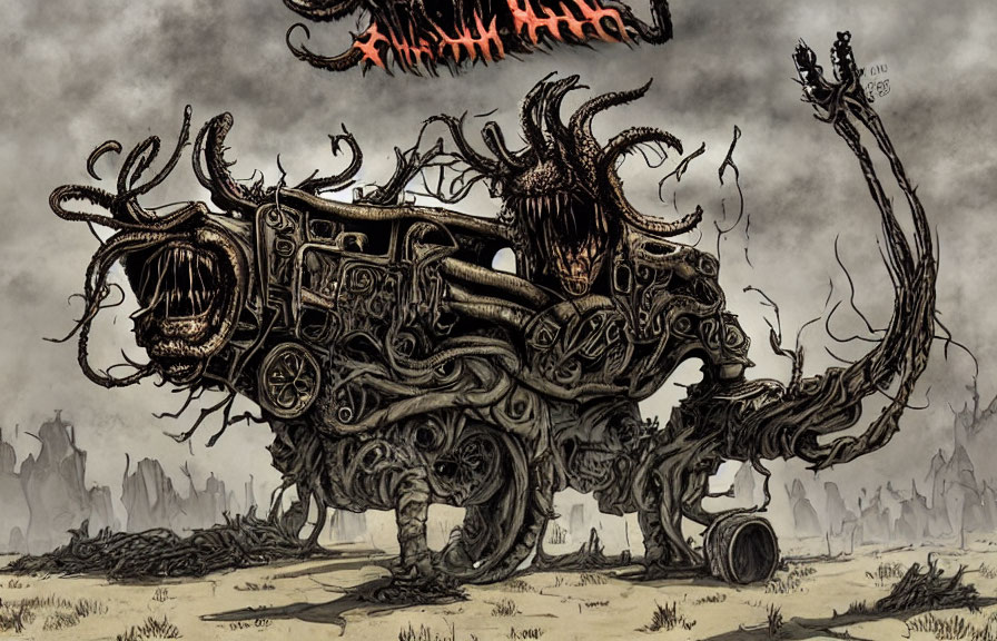 Monstrous vehicle with twisted metal tentacles and fearsome creature's head in desolate landscape.