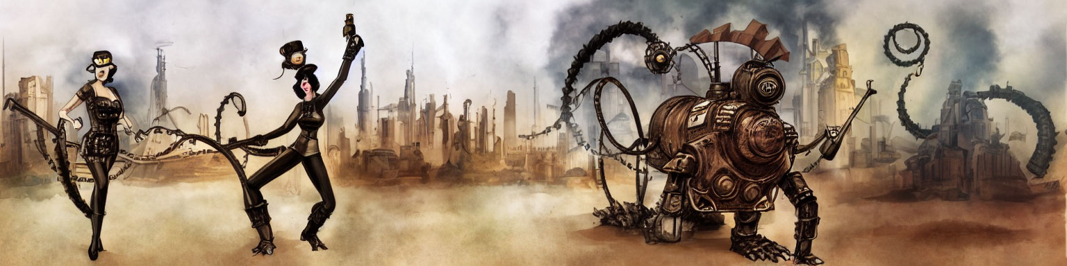 Steampunk-themed panoramic illustration with characters, robot, and cityscape