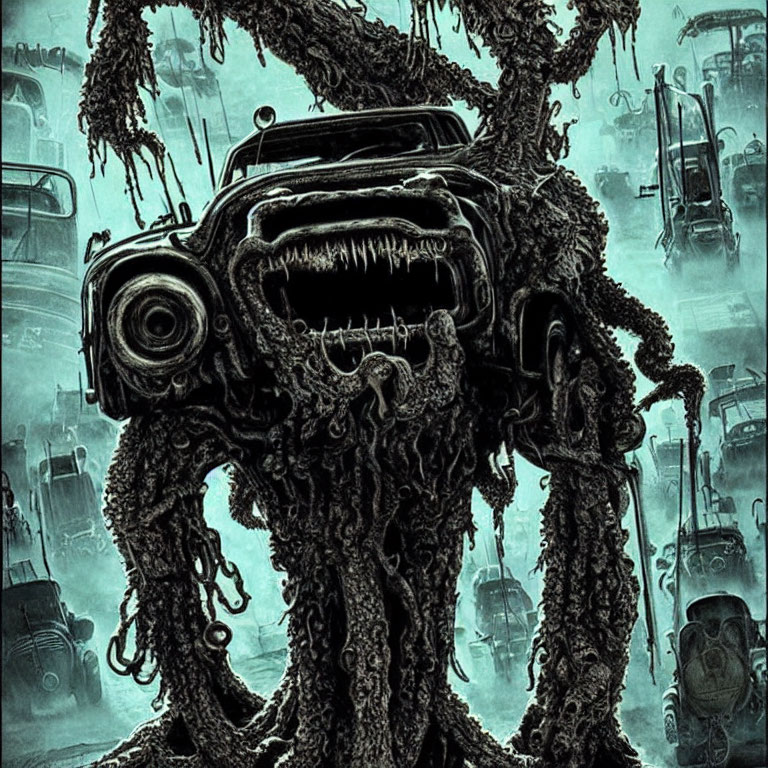 Monstrous Creature with Tentacles and Car Parts Emerges in Dystopian Setting
