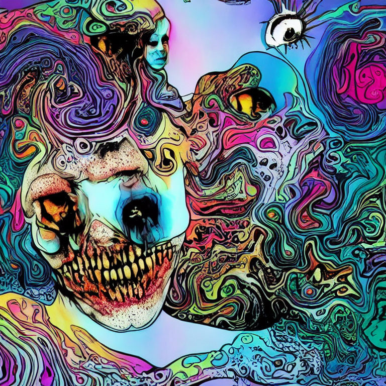 Colorful Psychedelic Artwork with Skull, Swirling Patterns, and Abstract Shapes