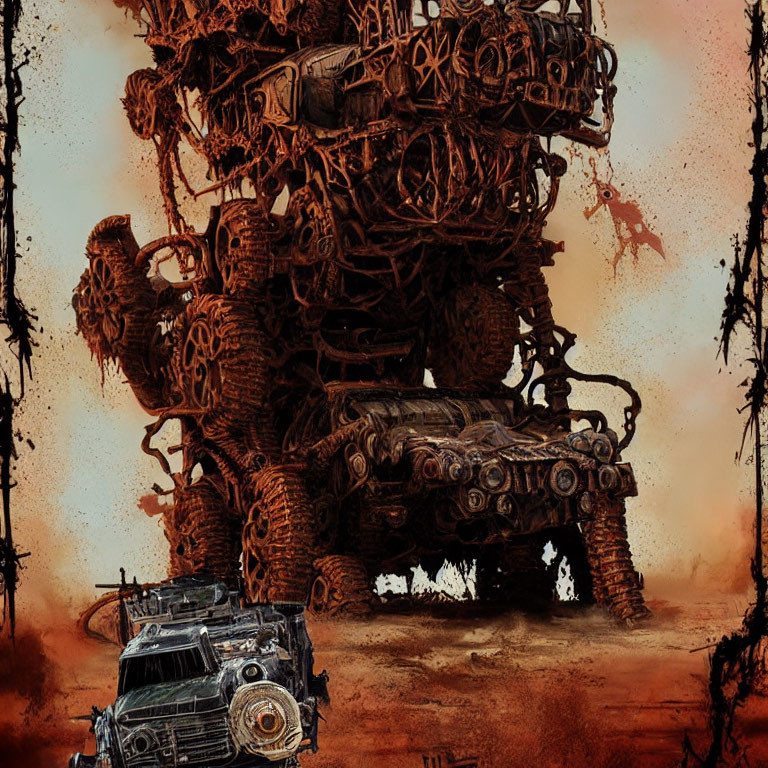 Massive mechanical structure and rugged vehicle in dystopian landscape