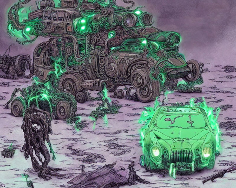 Glowing green cyborgs and machines in dystopian landscape
