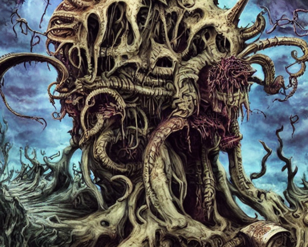 Dark Fantasy Artwork: Skull, Tentacles, and Roots in Moody Setting