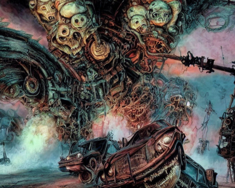 Dystopian surreal landscape with twisted machinery and skulls among wrecked cars