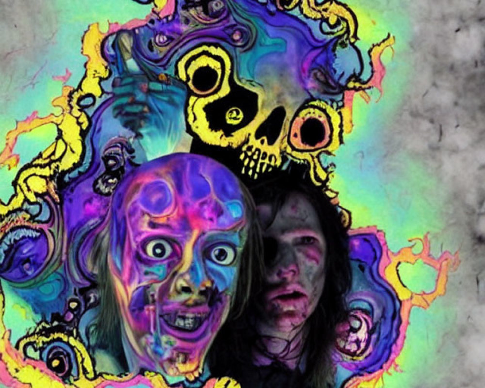 Colorful Psychedelic Artwork with Distorted Faces and Skulls