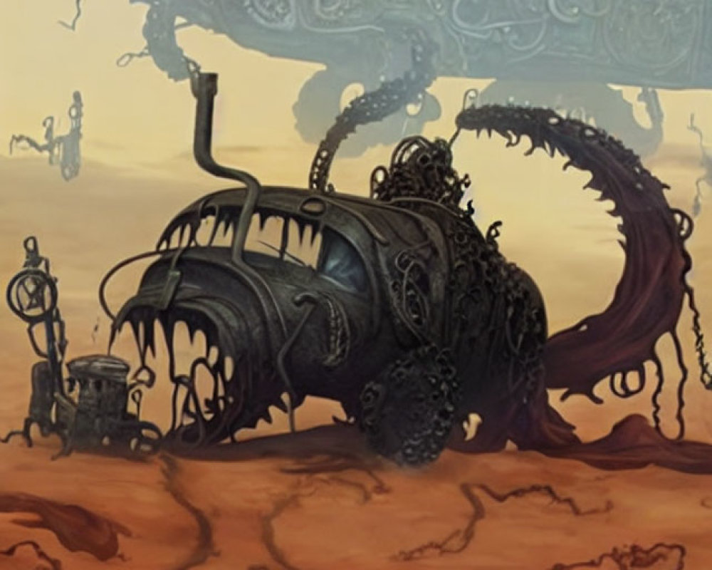 Surreal steampunk scene with mechanical vehicle in barren landscape