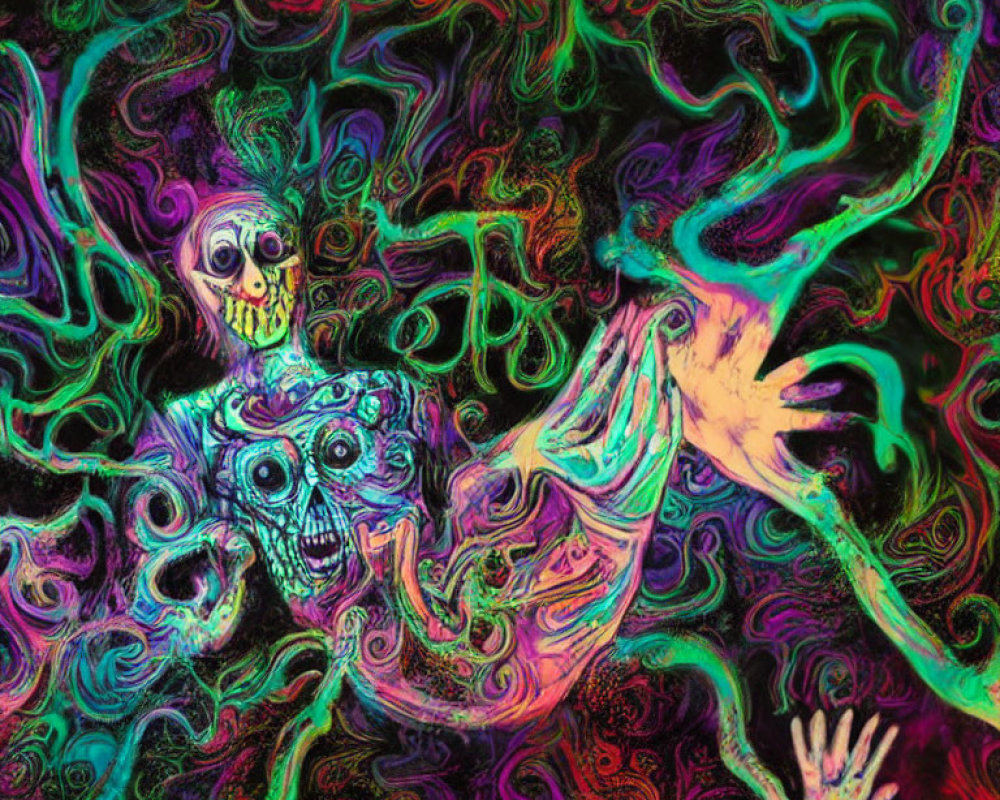 Colorful Psychedelic Art: Skeletons and Reaching Hands in Swirling Patterns