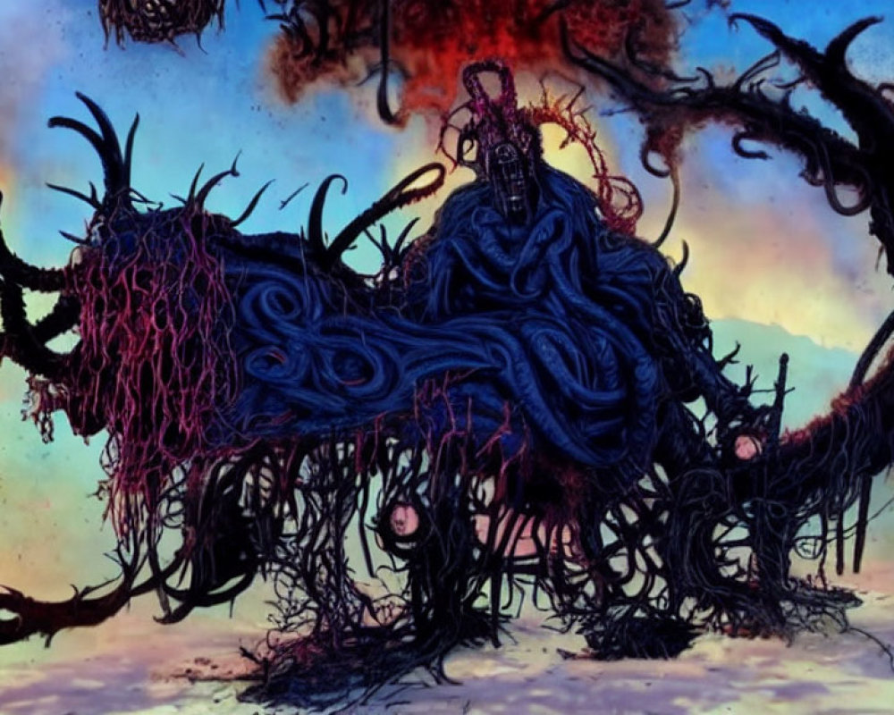 Dark surreal painting of intricate twisted entity with tentacles on colorful backdrop