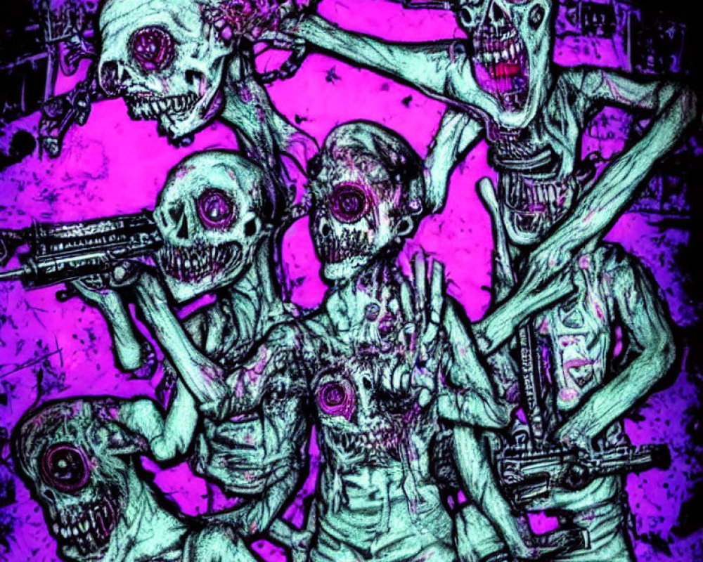 Colorful Stylized Image: Four Zombies with Guns in Exaggerated Features