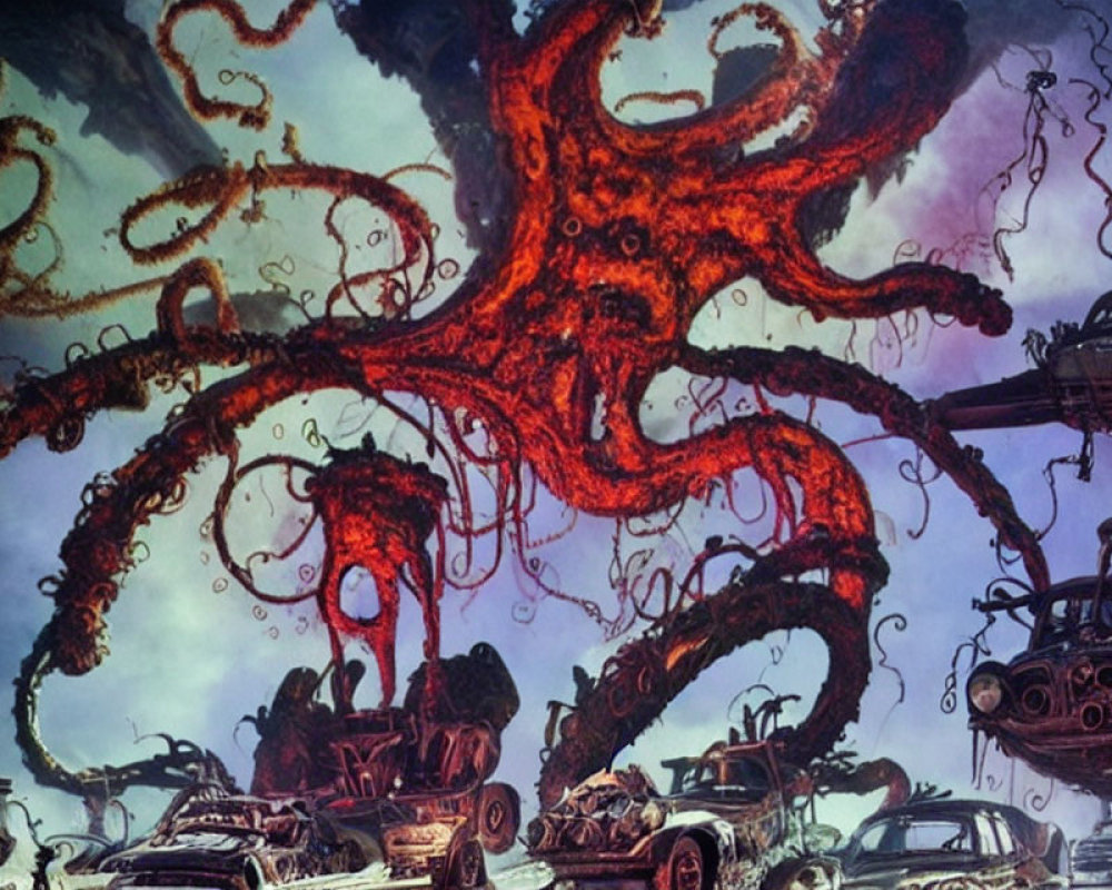 Gigantic red kraken creature amidst steampunk landscape