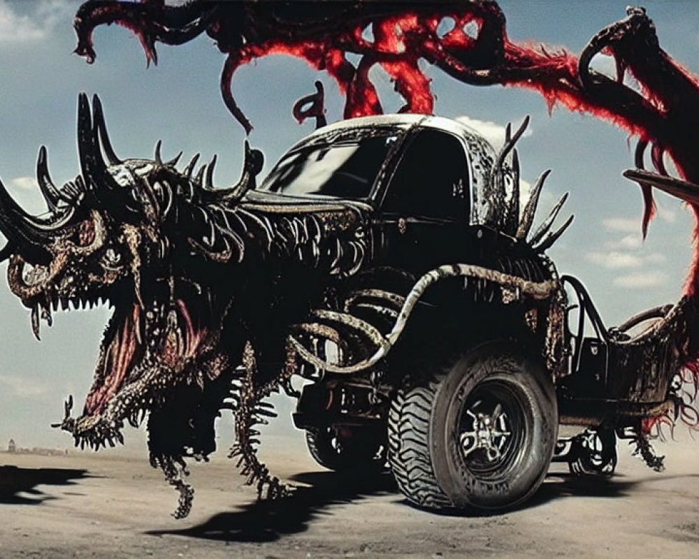 Dark-themed vehicle with skull motifs and red tentacles in desolate setting
