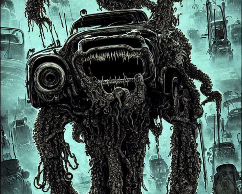 Monstrous Creature with Tentacles and Car Parts Emerges in Dystopian Setting