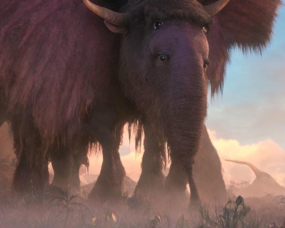 Animated woolly mammoth in misty prehistoric landscape at dawn or dusk