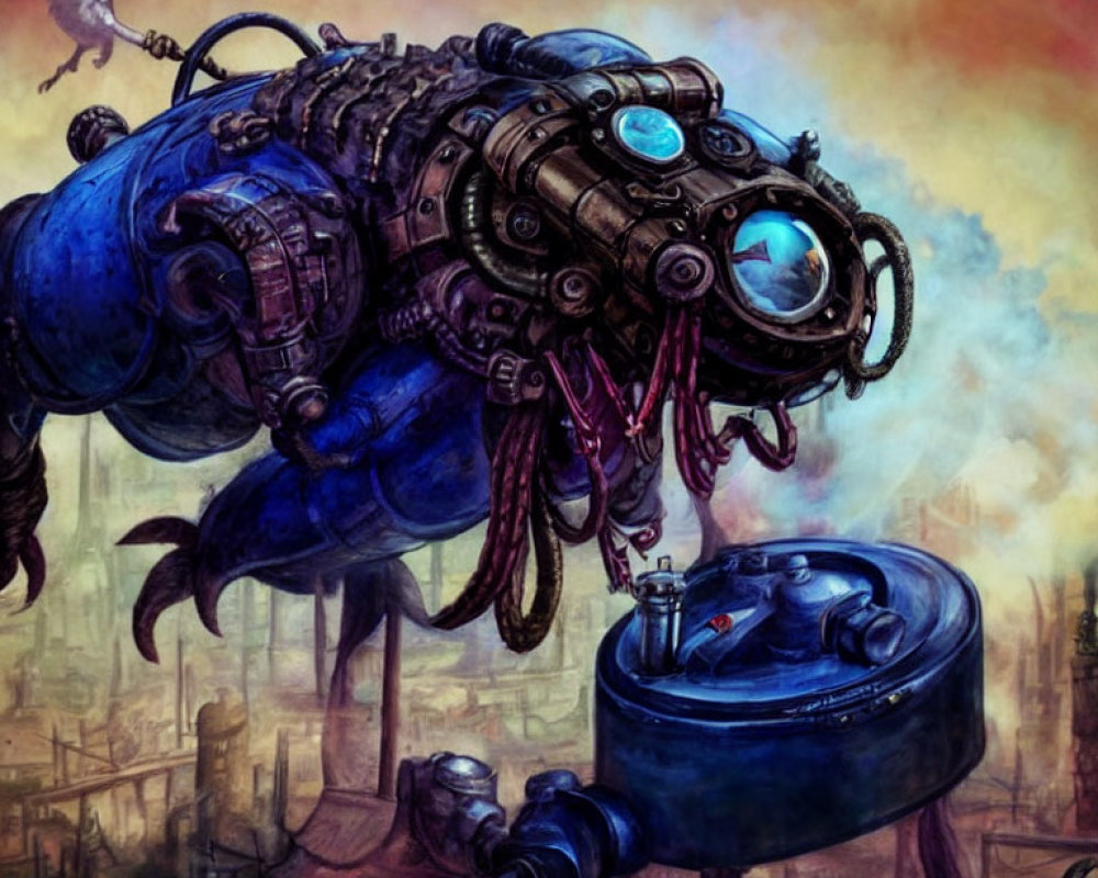 Whimsical steampunk digital artwork with intricate mechanical contraption