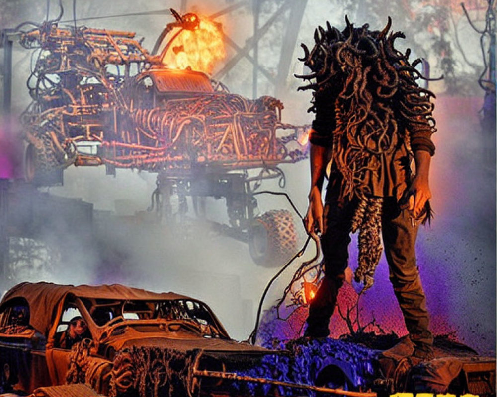 Elaborate costume among wrecked cars with flame-throwing contraption in purple haze
