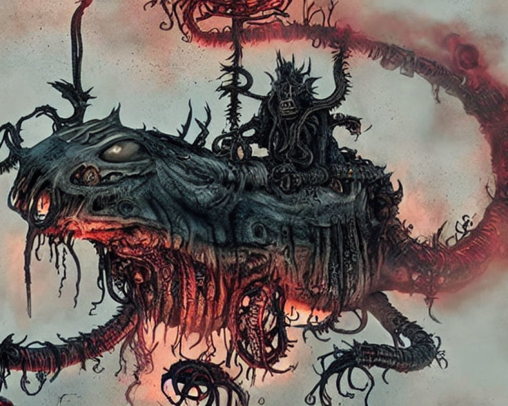 Dark fantasy illustration: monstrous floating entity with tentacles, eye, warrior figure in swirling red mists