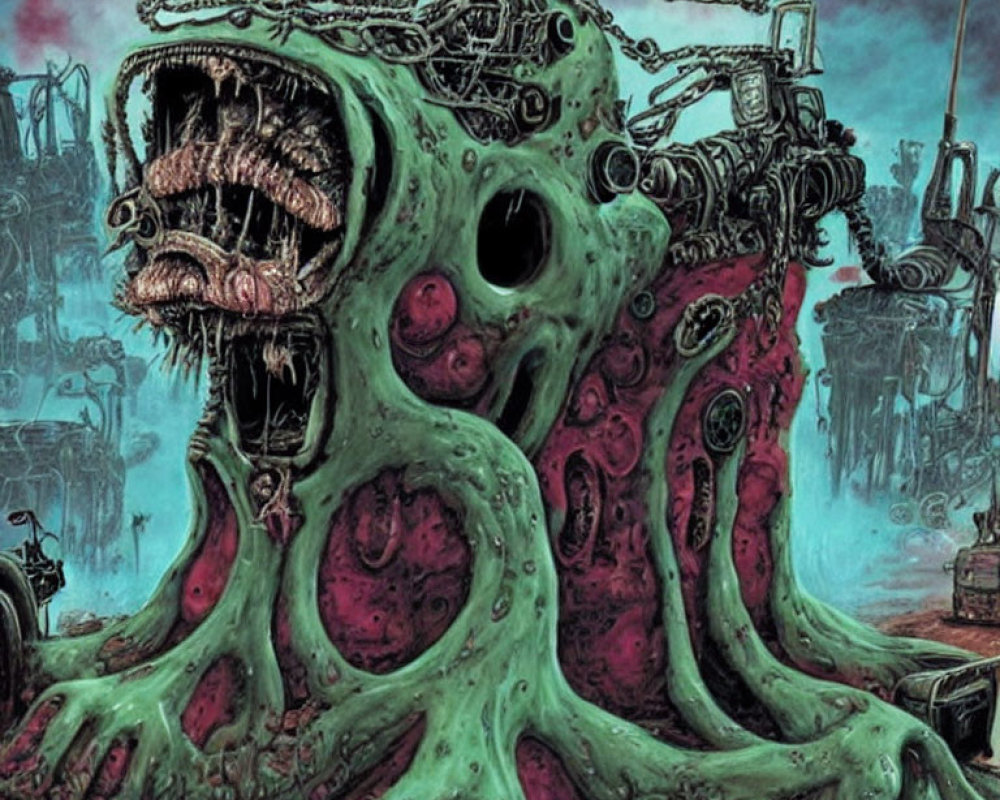 Grotesque monstrous creature with multiple eyes and industrial features in dystopian setting