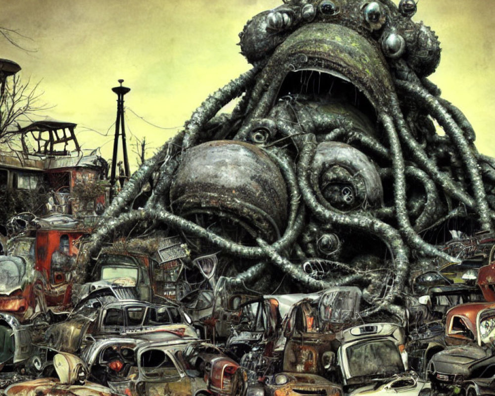 Gigantic tentacled creature on rusted car pile in dystopian setting