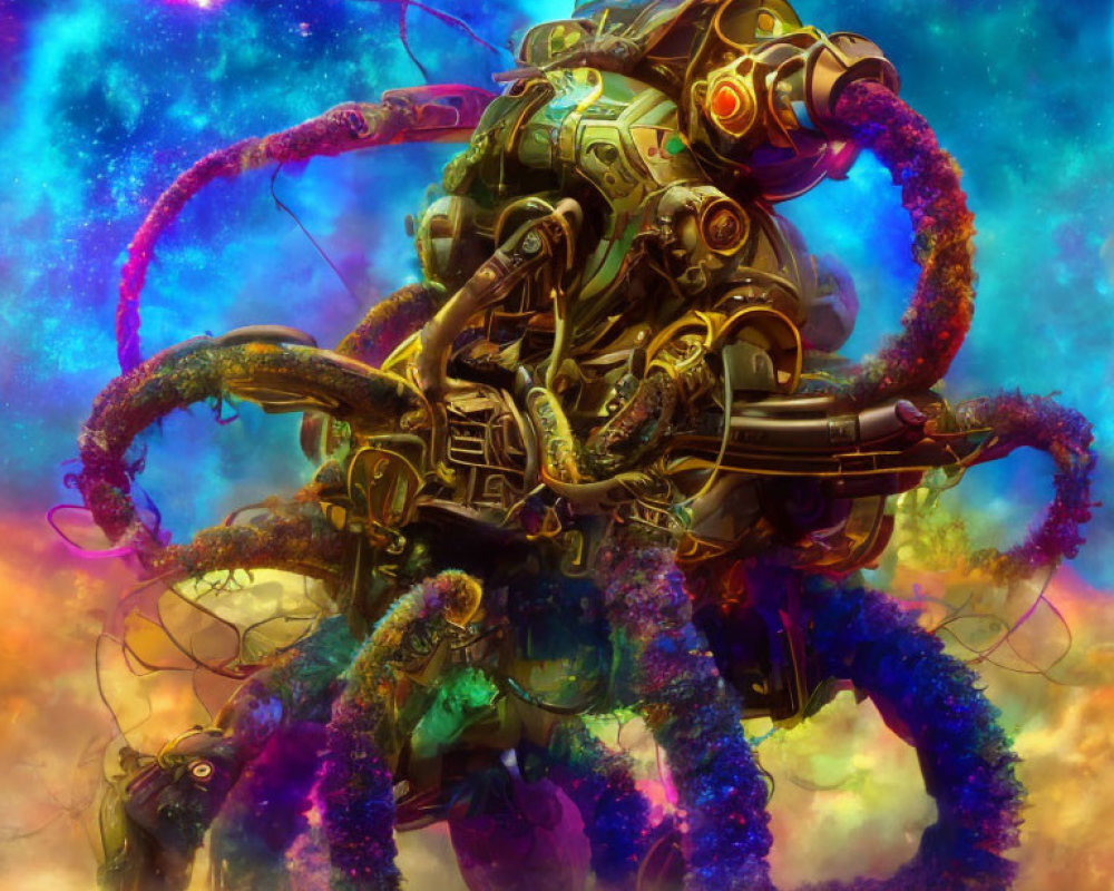 Colorful mechanical octopus in cosmic mist with futuristic details