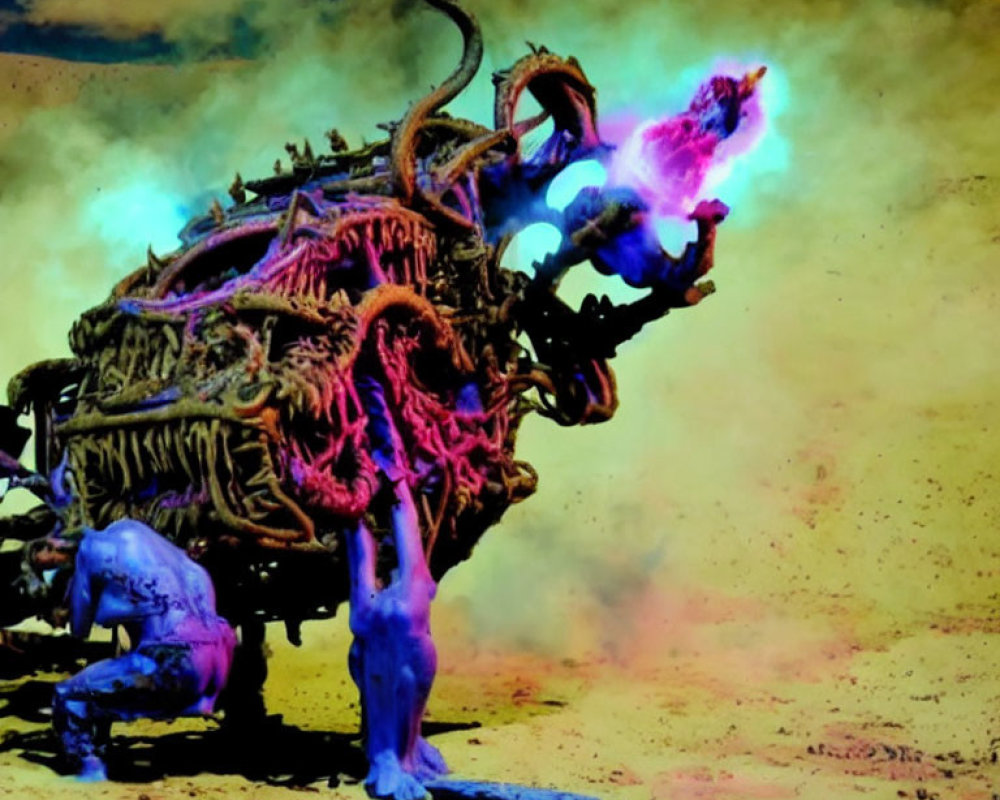 Vibrant surreal artwork: blue creature, organic structure, purple flames