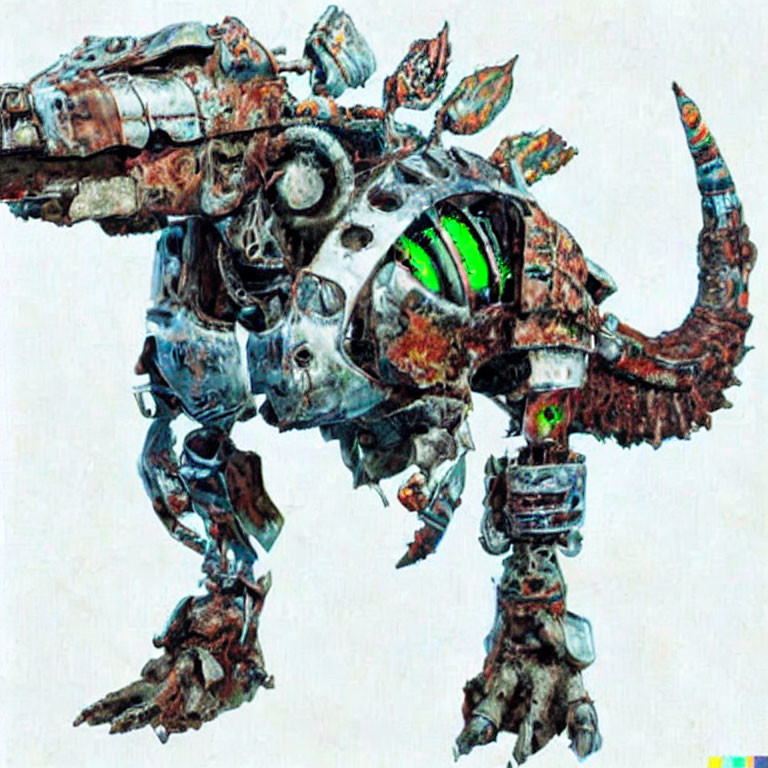 Illustration of dinosaur-like robot with skeletal frame, green eyes, and post-apocalyptic armor.