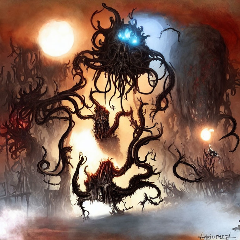 Mysterious tentacled creature with glowing eyes in misty scene