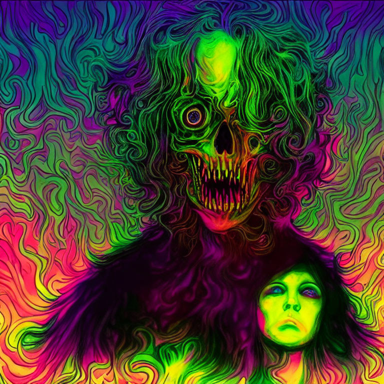 Colorful Psychedelic Artwork with Skull-faced and Human Figures
