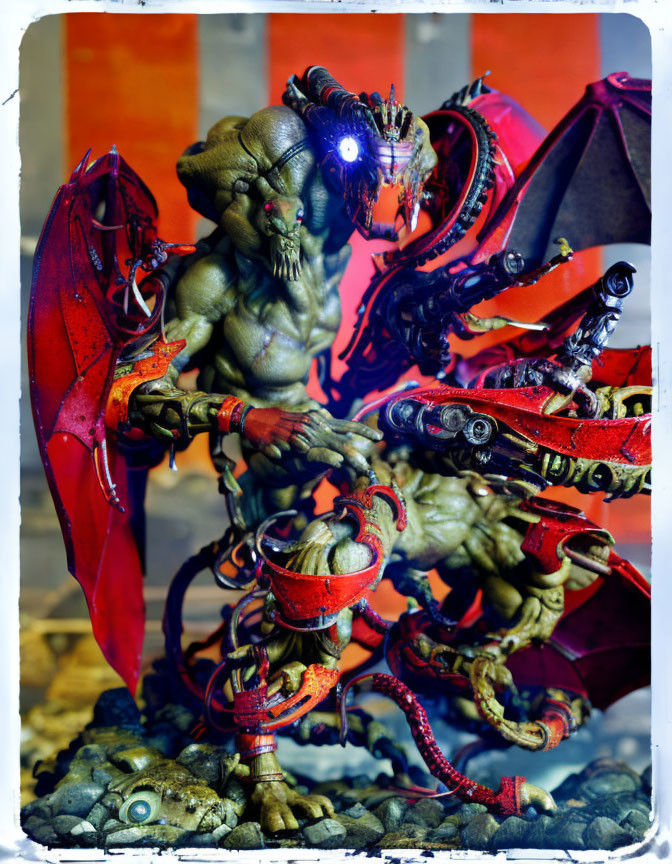 Fantasy figurines: Green-skinned with cybernetic enhancements, red and black with clawed