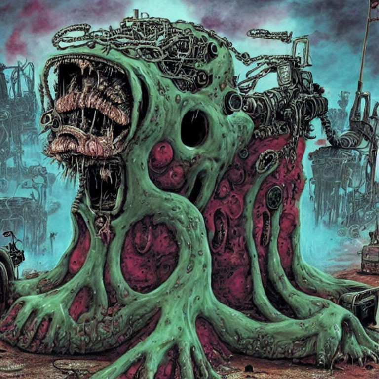Grotesque monstrous creature with multiple eyes and industrial features in dystopian setting
