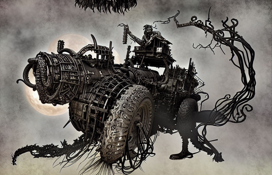 Steampunk vehicle with mechanical parts and figure holding a spear
