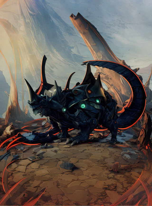 Black Armored Dragon with Glowing Green Eyes in Desolate Landscape