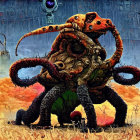 Mechanical octopus with orange head in futuristic scene.