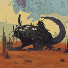 Surreal steampunk scene with mechanical vehicle in barren landscape