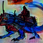Fantastical creature with blue tentacles and humanoid figure on fiery backdrop