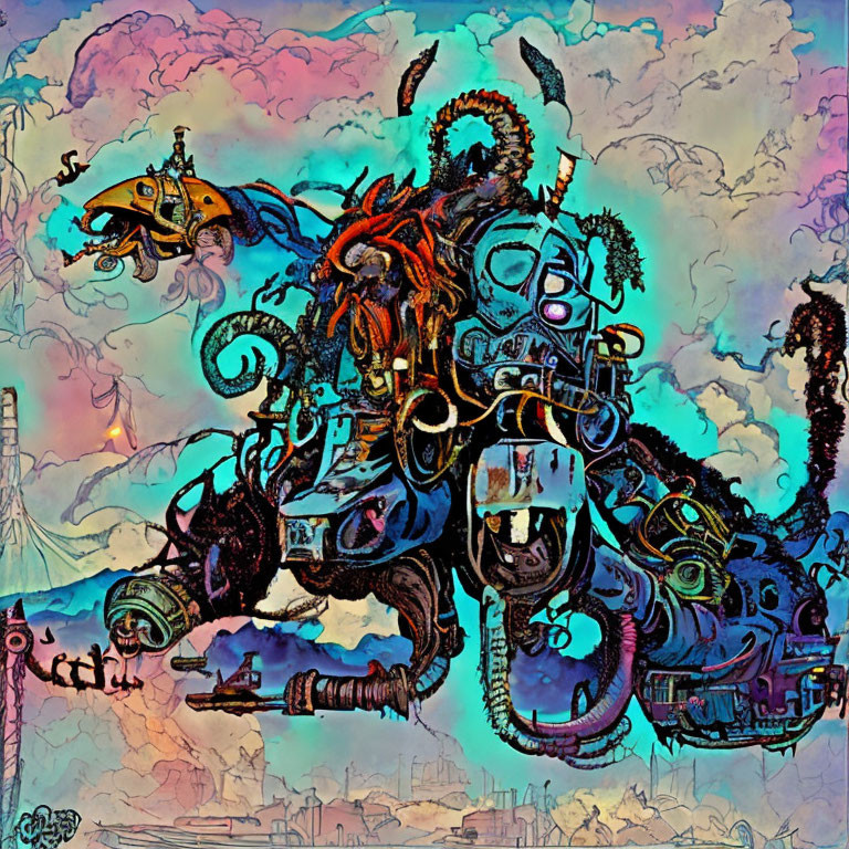 Abstract image with vibrant hues and mechanical-organic fusion