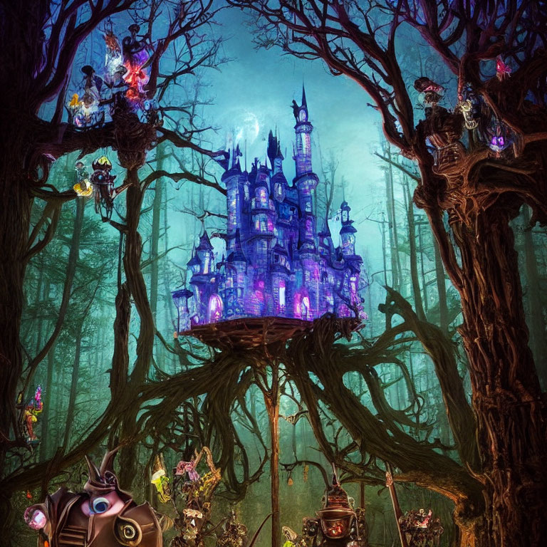 Enchanted forest at night with glowing purple castle and whimsical creatures