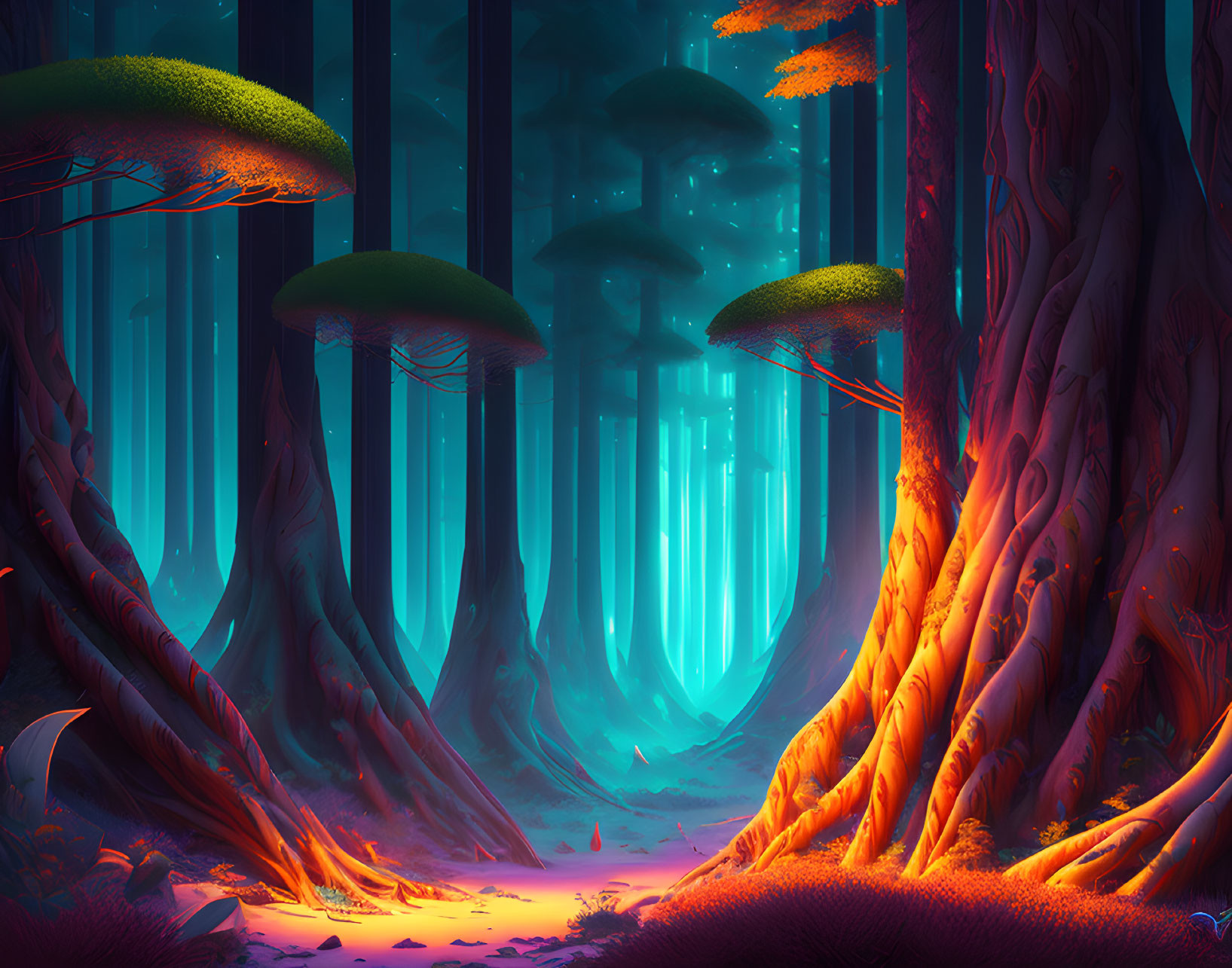 Alien forest with towering trees and bioluminescent foliage