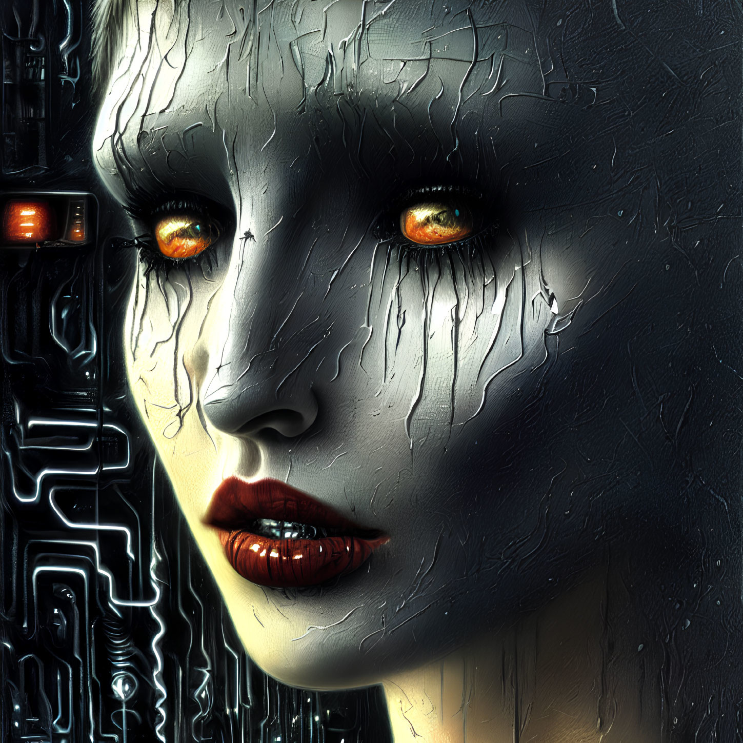 Female Android with Luminescent Orange Eyes and Intricate Circuitry