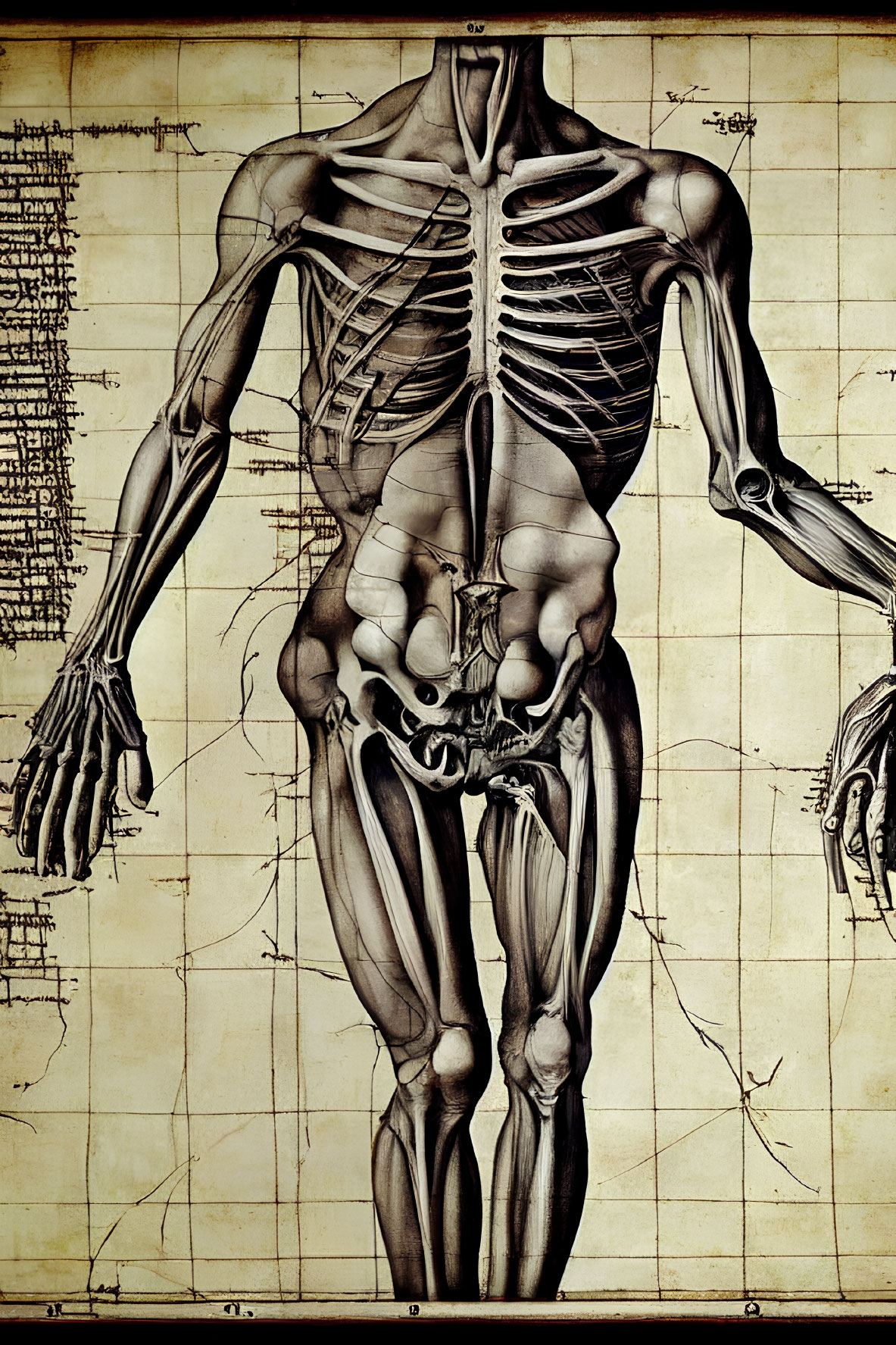 Vintage Human Anatomical Chart with Muscle Systems on Aged Paper