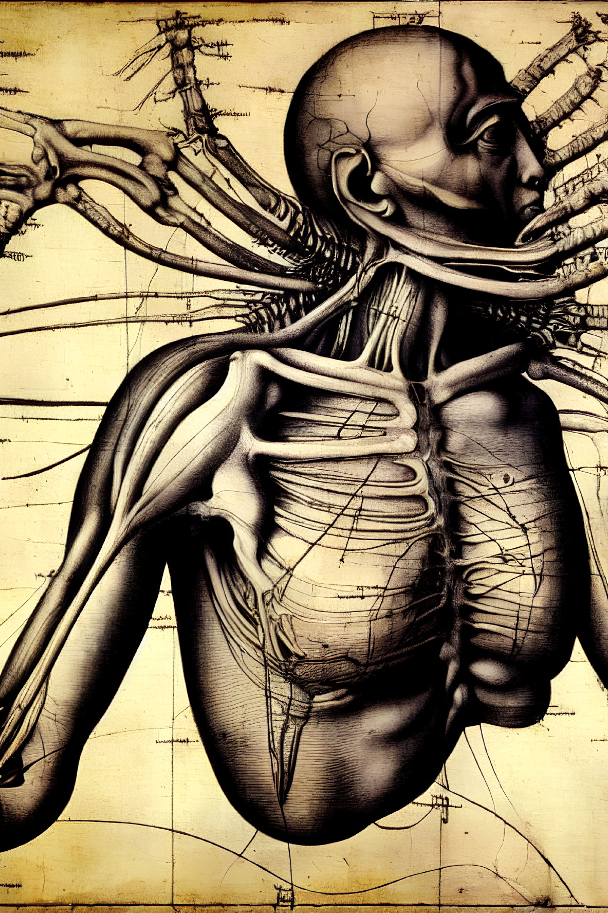 Vintage Anatomical Illustration of Human Neck and Shoulder Muscles and Nerves