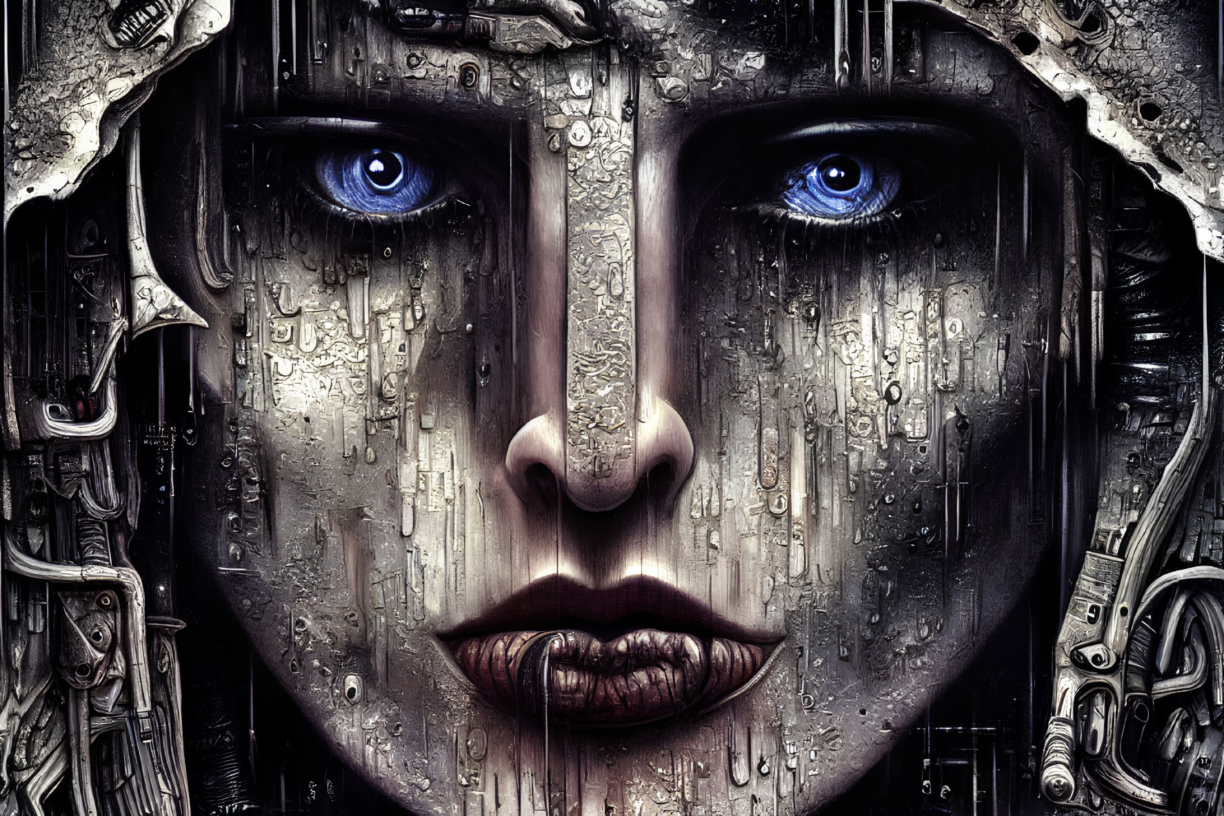 Close-Up Image: Human-Mechanical Fusion with Blue Eyes & Metallic Textures
