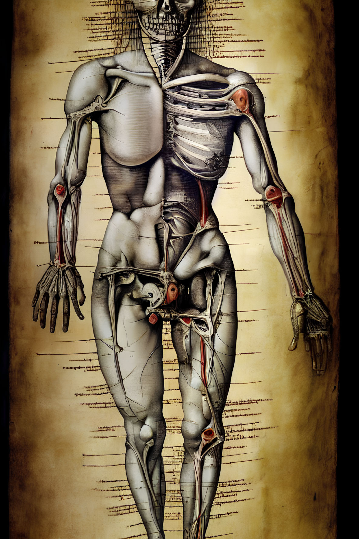 Detailed Human Figure Anatomy Illustration with Muscles and Skeleton on Vintage Background
