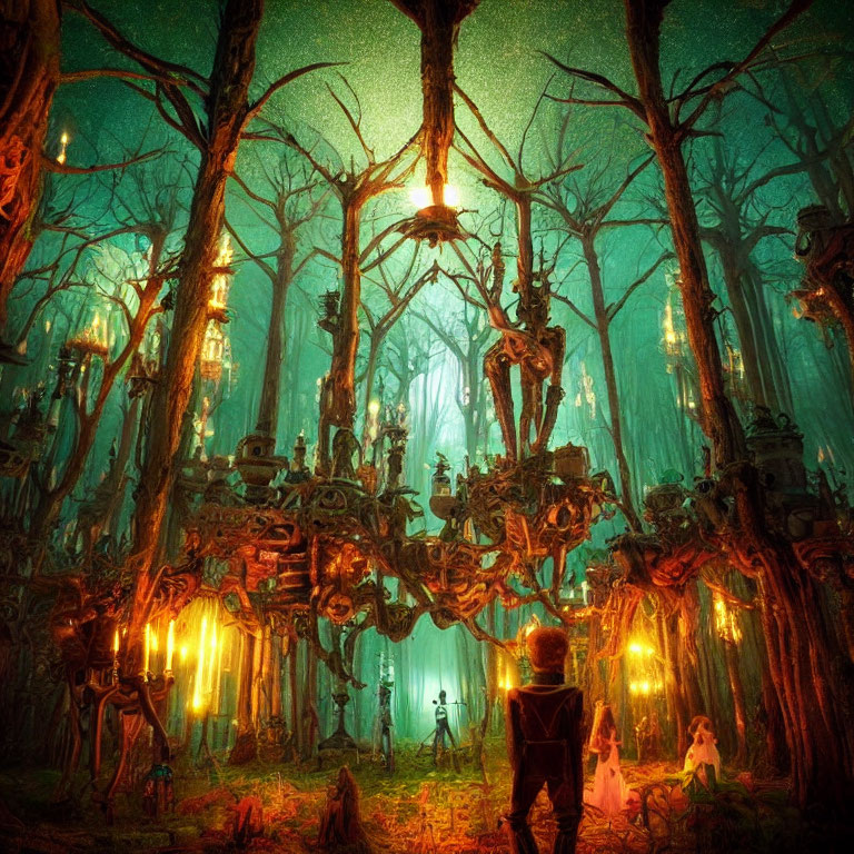 Enchanting forest twilight with lanterns, ethereal figures, and grand treehouse