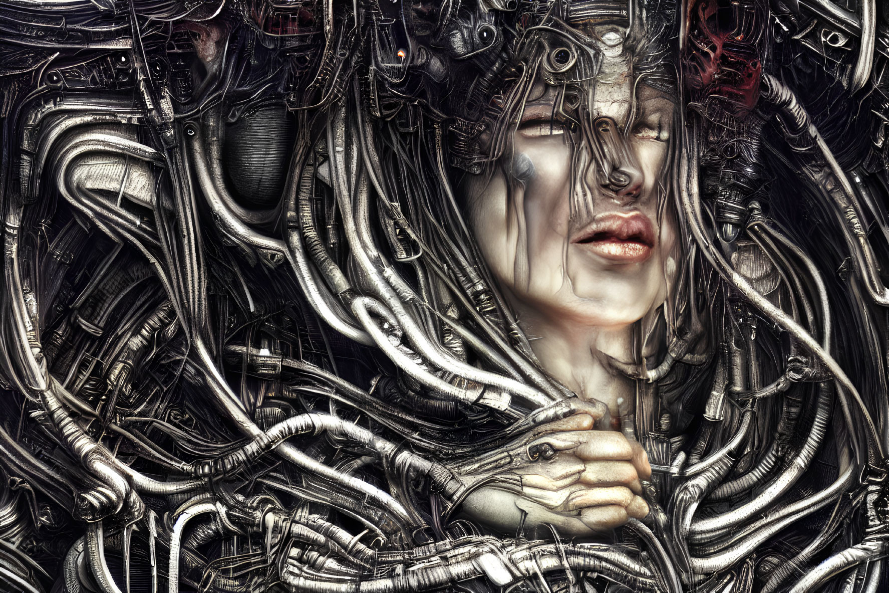 Hyper-realistic digital artwork: Woman's face and hand intertwined with mechanical cables and components
