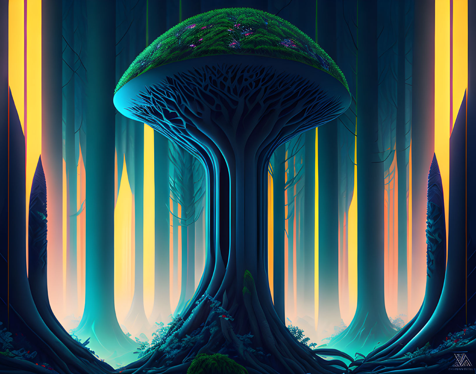 Fantastical forest scene with oversized mushroom and tree-like stem