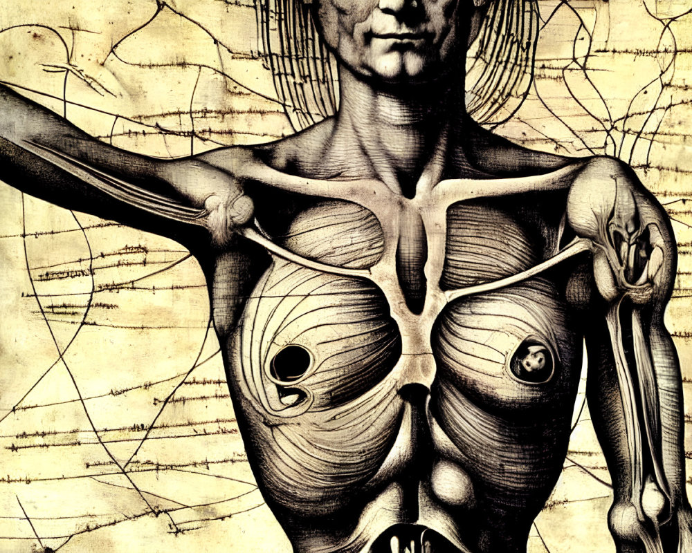 Detailed vintage anatomical illustration of human muscular structure on aged parchment.