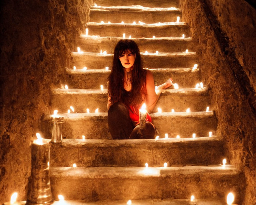 Woman holding flame on candlelit stairs in mystical ambiance